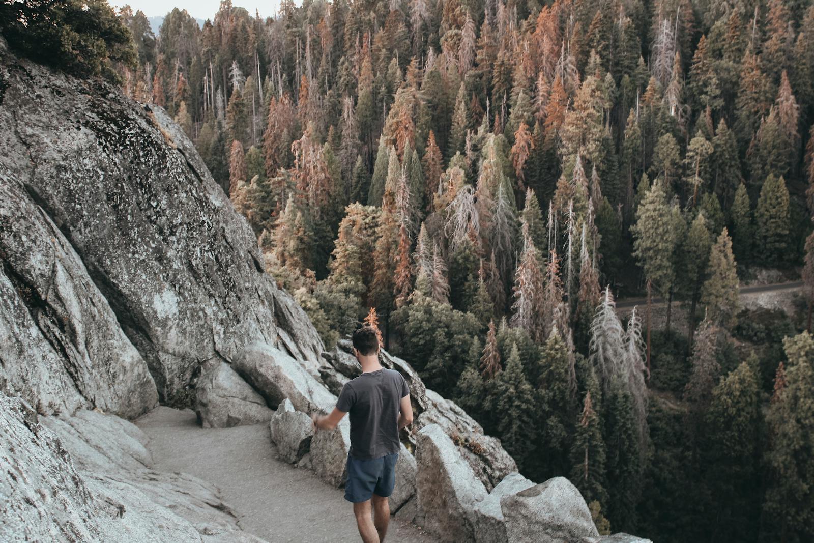 A man hiking along a rocky mountain trail in a scenic forest in Three Rivers, CA.